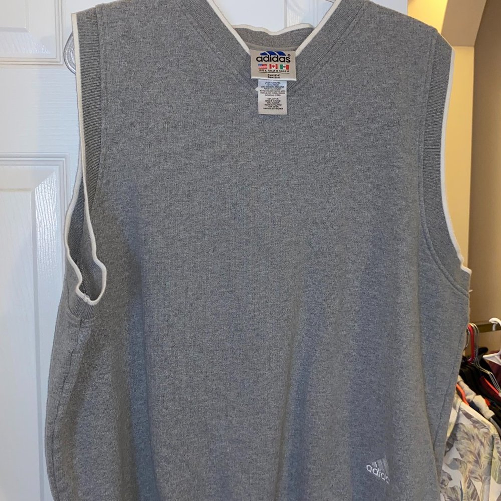 EUC Men's Sweater Vest Adidas Embroidered.  Men's Large Grey w/ white